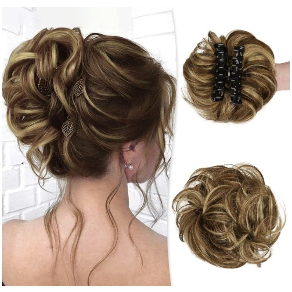 RUWISS Real Human Hair Messy Bun Claw Clip Extension Brown Blonde Highlights